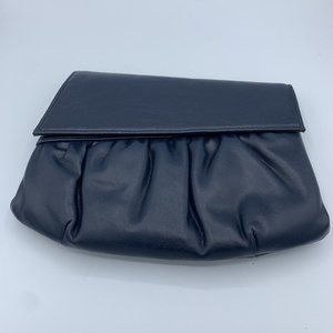 Vintage 80s Envelope Clutch Purse Leather Blue Asymmetric Flap Tuckable Strap